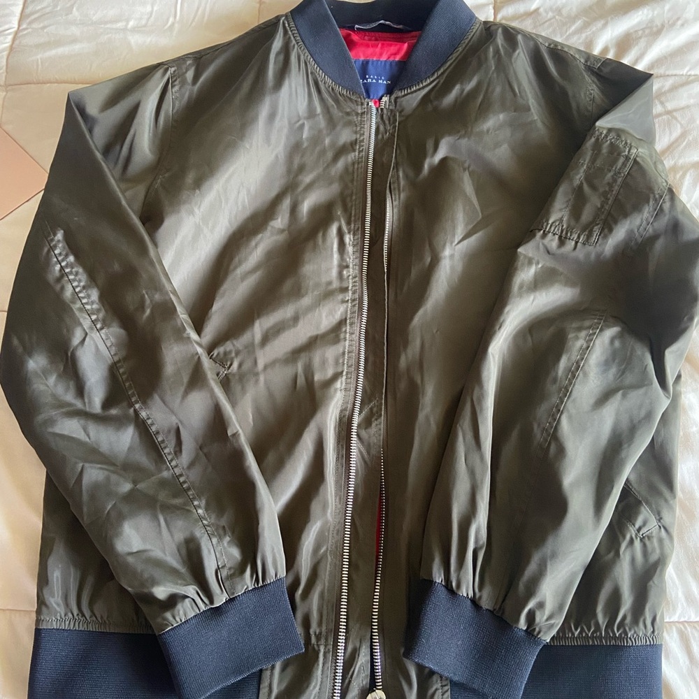 Men’s Zara, olive Green and red lining bomber jacket